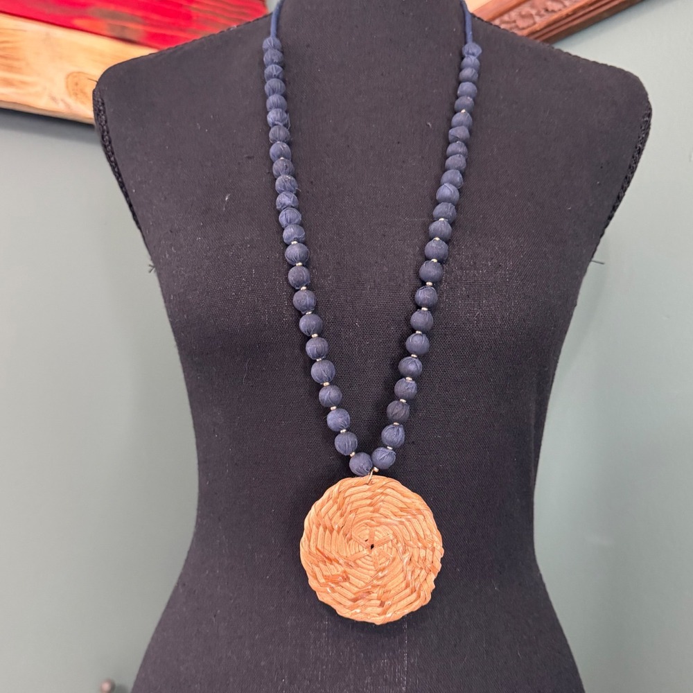 C 1946 Jewelry Navy Blue Beaded Woven Medallion Pendant Necklace Boho Statement